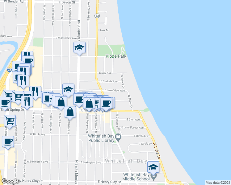 map of restaurants, bars, coffee shops, grocery stores, and more near 711 East Lake View Avenue in Whitefish Bay