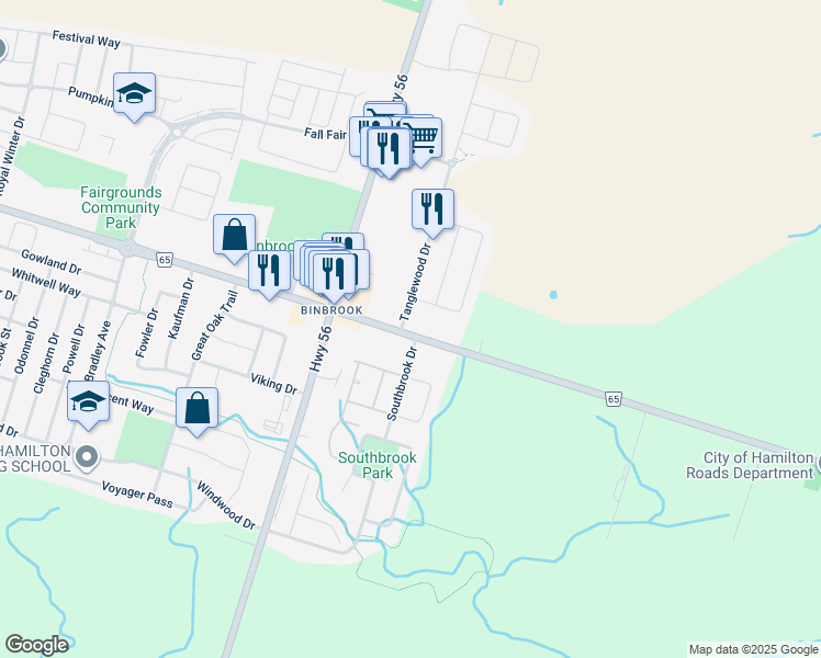 map of restaurants, bars, coffee shops, grocery stores, and more near 2600 Hamilton 65 in Hamilton