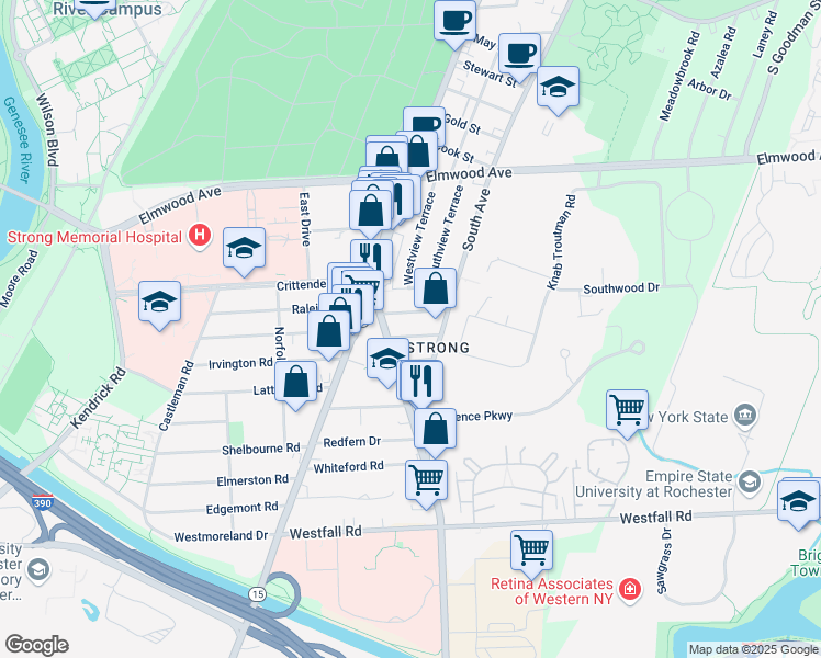 map of restaurants, bars, coffee shops, grocery stores, and more near 30 Warren Street in Rochester