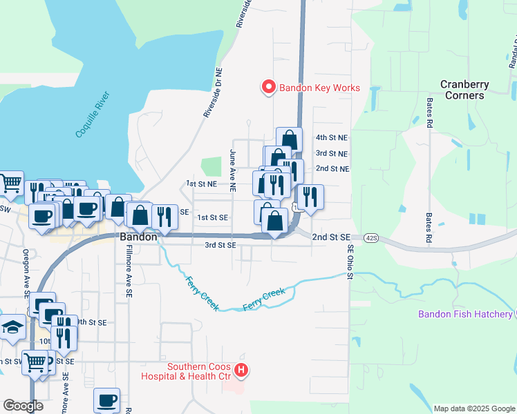 map of restaurants, bars, coffee shops, grocery stores, and more near 960 Division Street Southeast in Bandon