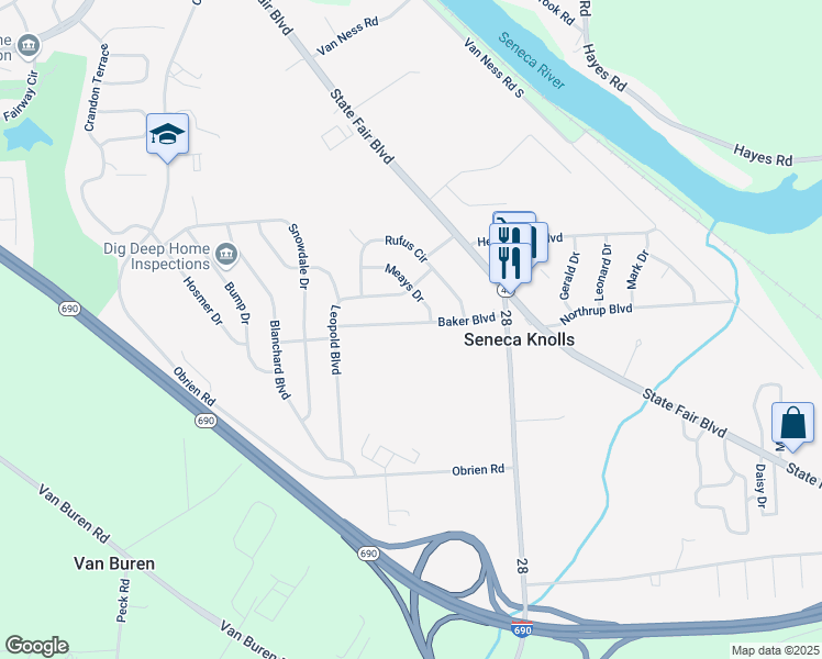 map of restaurants, bars, coffee shops, grocery stores, and more near 113 Baker Boulevard in Syracuse