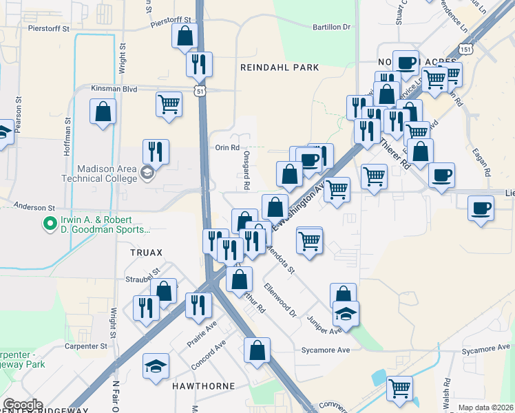 map of restaurants, bars, coffee shops, grocery stores, and more near 1607 Mendota Street in Madison
