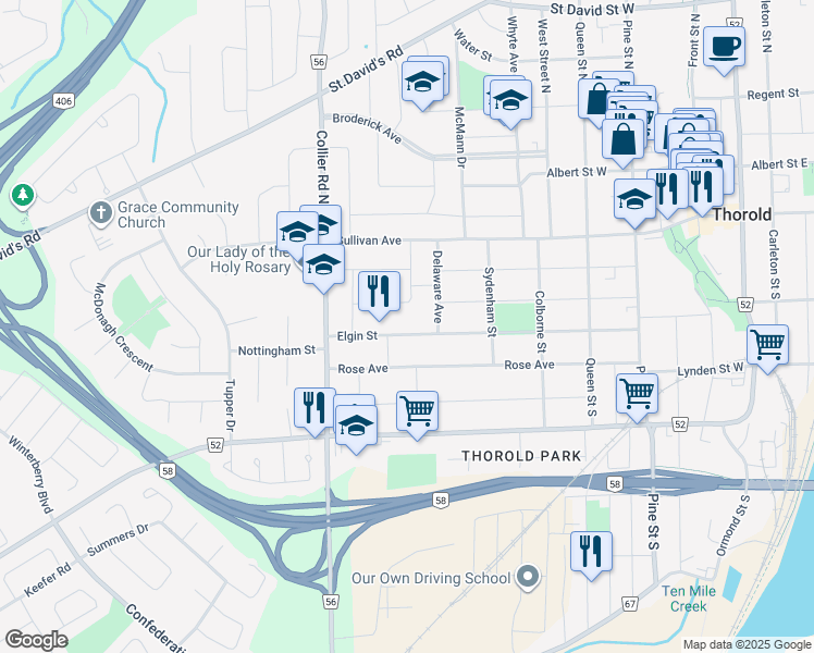 map of restaurants, bars, coffee shops, grocery stores, and more near 110 Elgin Street in Thorold
