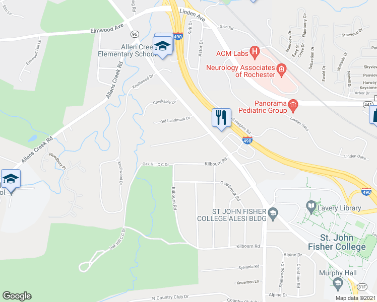 map of restaurants, bars, coffee shops, grocery stores, and more near 93 Kilbourn Road in Rochester