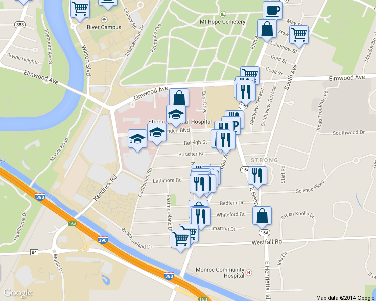 map of restaurants, bars, coffee shops, grocery stores, and more near 149 Raleigh Street in Rochester