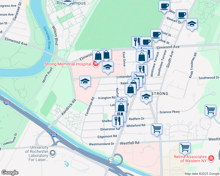 map of restaurants, bars, coffee shops, grocery stores, and more near 149 Raleigh Street in Rochester
