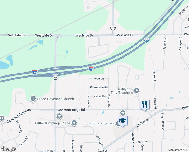 map of restaurants, bars, coffee shops, grocery stores, and more near 14 Scott Lane in Rochester