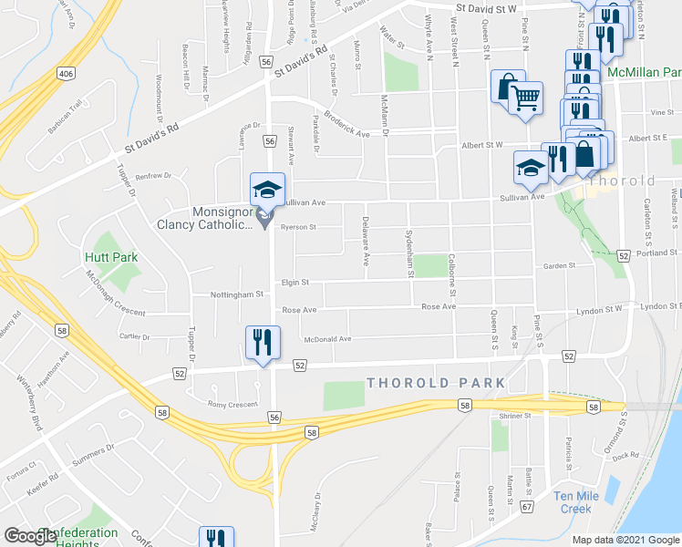 map of restaurants, bars, coffee shops, grocery stores, and more near in Thorold