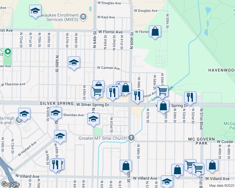 map of restaurants, bars, coffee shops, grocery stores, and more near 5641 North 62nd Street in Milwaukee
