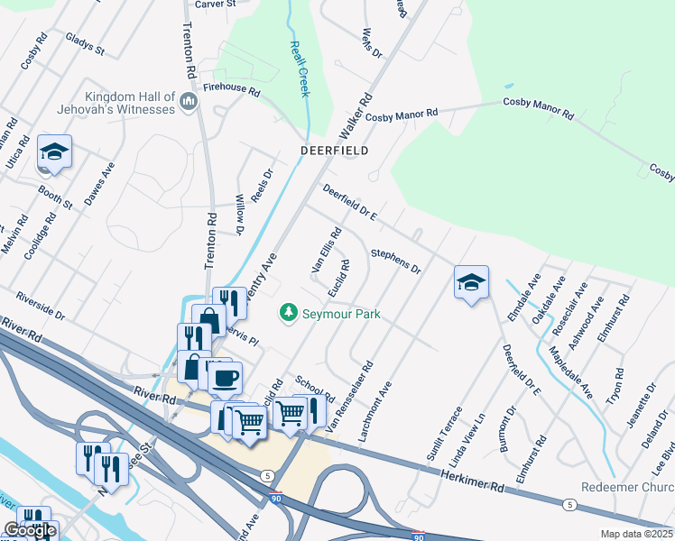 map of restaurants, bars, coffee shops, grocery stores, and more near 459 Euclid Road in Utica
