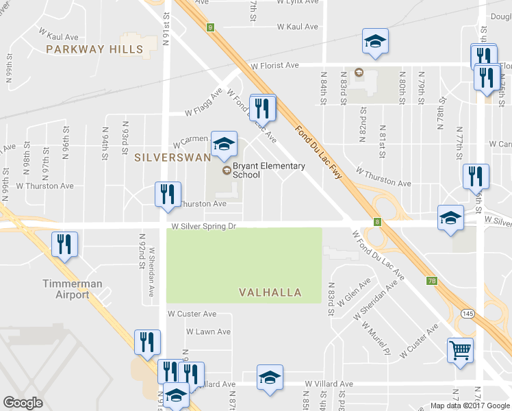 map of restaurants, bars, coffee shops, grocery stores, and more near 5637 North 86th Place in Milwaukee