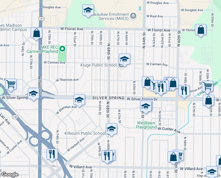map of restaurants, bars, coffee shops, grocery stores, and more near 5636 North 68th Street in Milwaukee