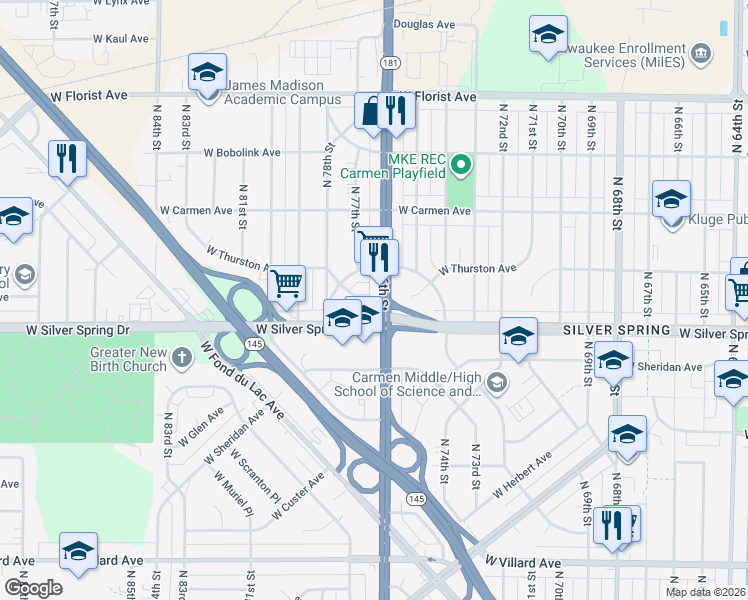 map of restaurants, bars, coffee shops, grocery stores, and more near 7615 West Thurston Avenue in Milwaukee