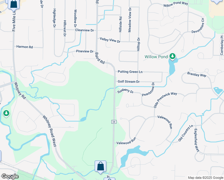 map of restaurants, bars, coffee shops, grocery stores, and more near 2303 Baird Road in Penfield