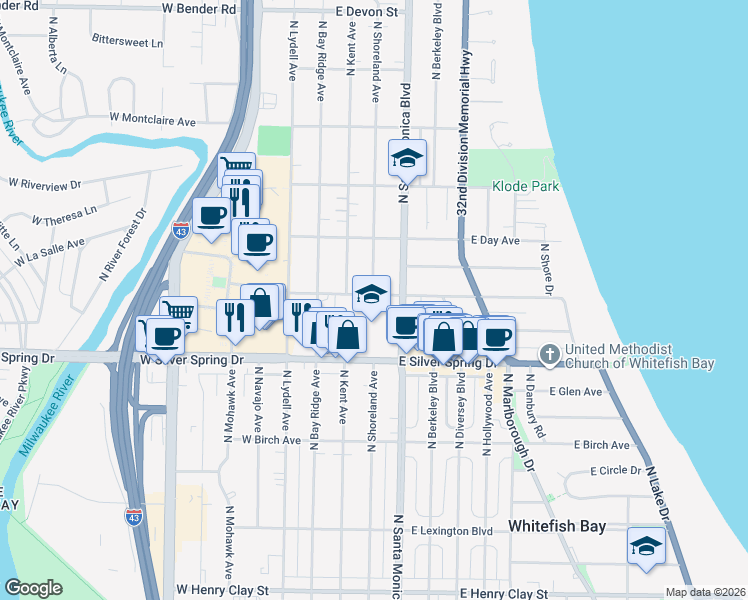 map of restaurants, bars, coffee shops, grocery stores, and more near 5681 North Santa Monica Boulevard in Whitefish Bay