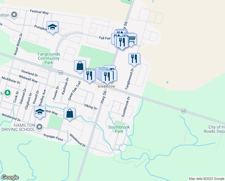 map of restaurants, bars, coffee shops, grocery stores, and more near 2657 Binbrook Road in Hamilton