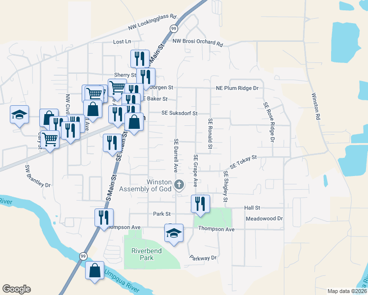 map of restaurants, bars, coffee shops, grocery stores, and more near 160 Darrell Avenue in Winston