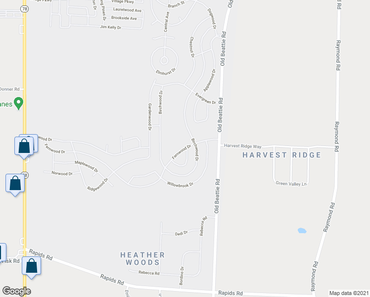 map of restaurants, bars, coffee shops, grocery stores, and more near 1361 Fernwood Drive in Lockport