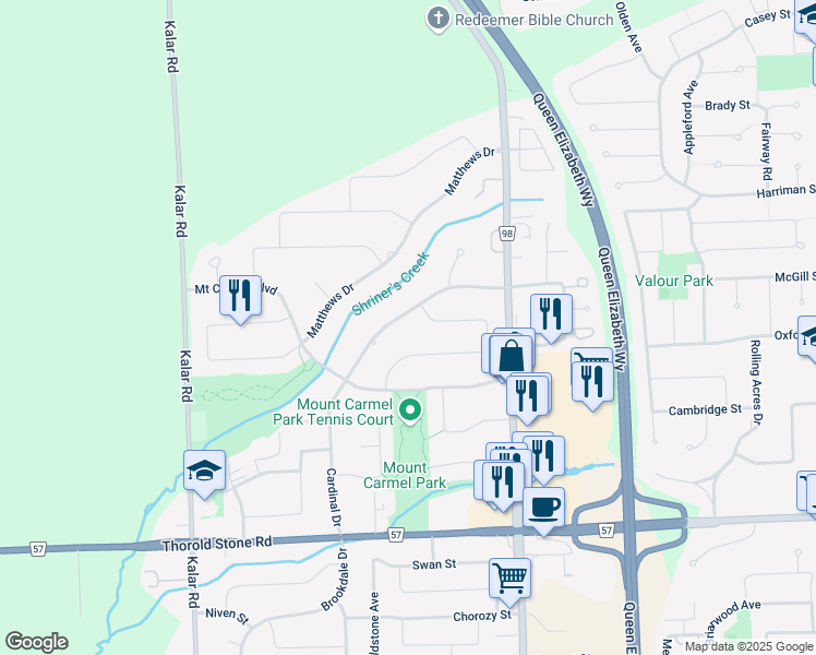 map of restaurants, bars, coffee shops, grocery stores, and more near 3550 Cardinal Drive in Niagara Falls