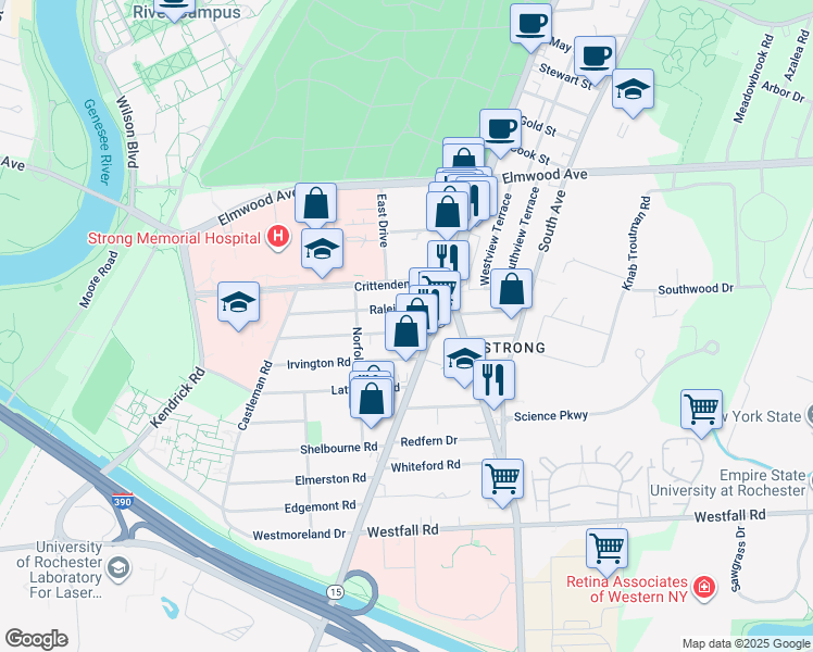 map of restaurants, bars, coffee shops, grocery stores, and more near 32 Rossiter Road in Rochester