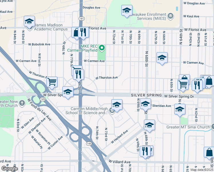 map of restaurants, bars, coffee shops, grocery stores, and more near 5634 North 73rd Street in Milwaukee
