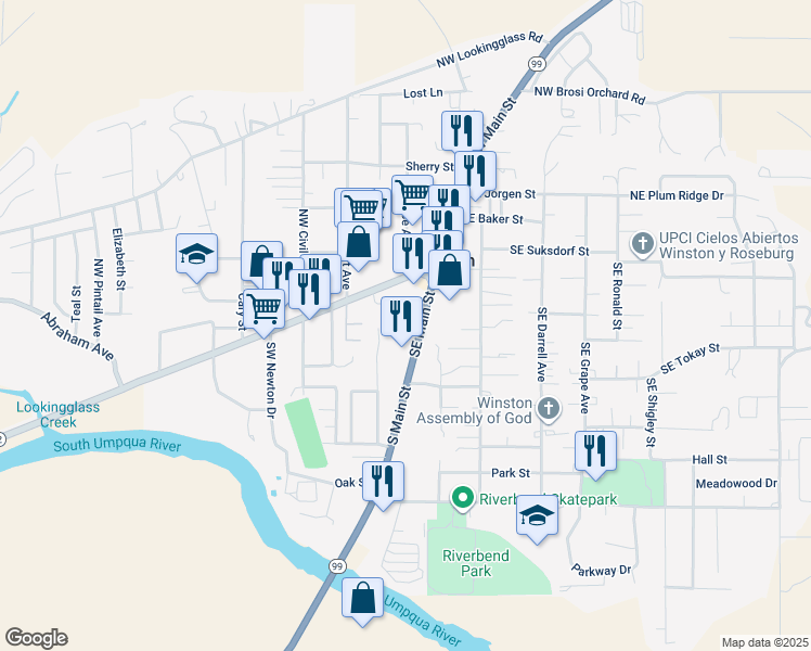 map of restaurants, bars, coffee shops, grocery stores, and more near 191 South Main Street in Winston