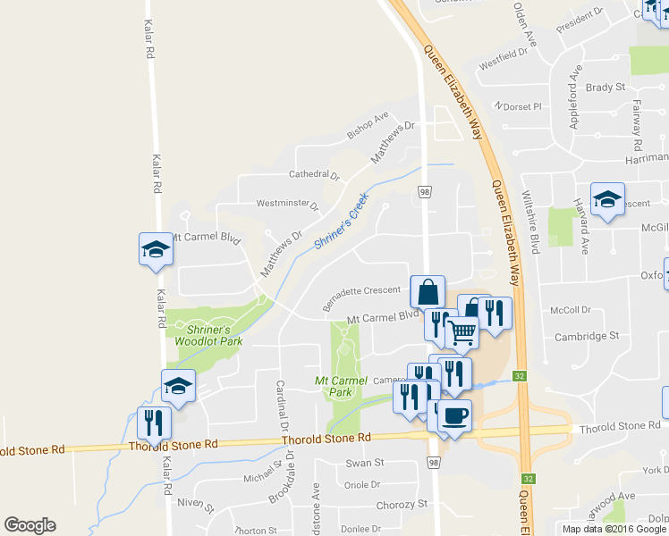 map of restaurants, bars, coffee shops, grocery stores, and more near 3550 Cardinal Drive in Niagara Falls