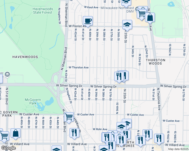map of restaurants, bars, coffee shops, grocery stores, and more near 5653 North 39th Street in Milwaukee