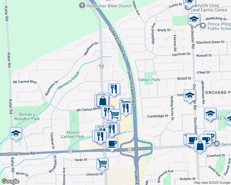 map of restaurants, bars, coffee shops, grocery stores, and more near 7467 Monastery Drive in Niagara Falls