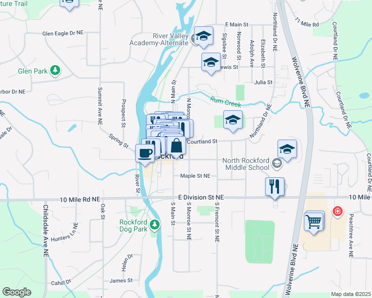 map of restaurants, bars, coffee shops, grocery stores, and more near 15 North Monroe Street in Rockford