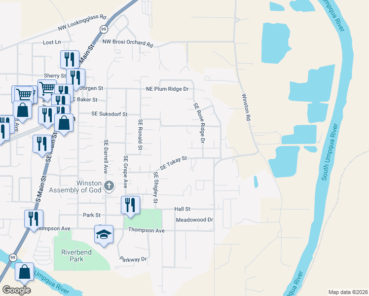 map of restaurants, bars, coffee shops, grocery stores, and more near 311 Sunrise Lane in Winston