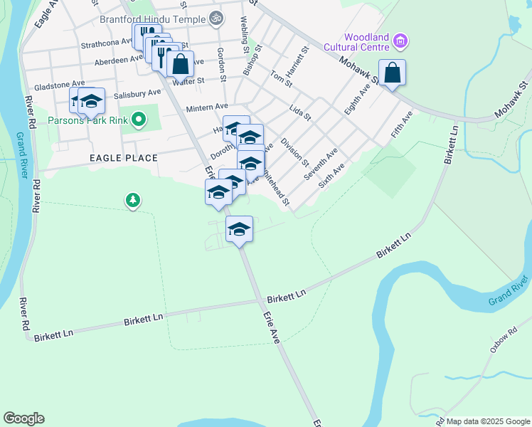 map of restaurants, bars, coffee shops, grocery stores, and more near 144 Fifth Avenue in Brantford
