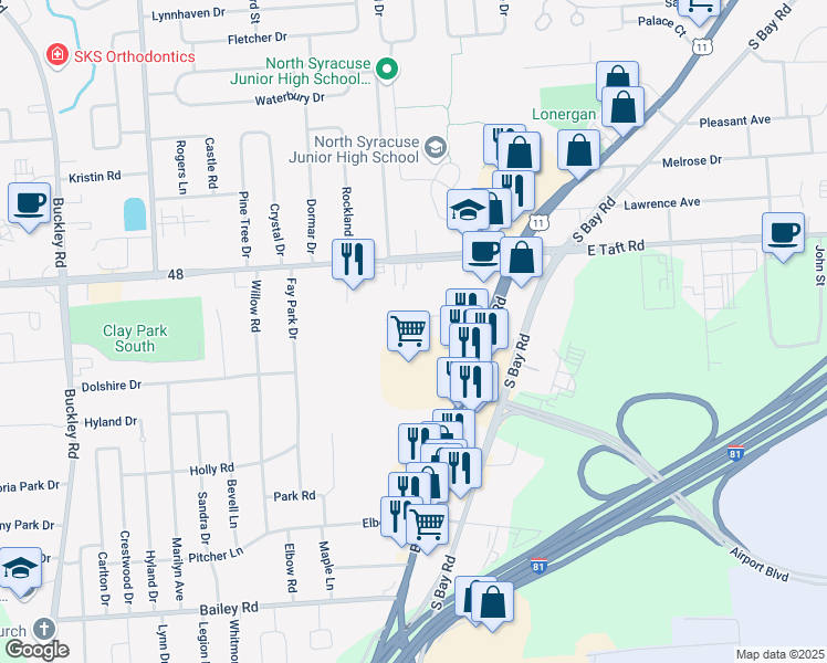 map of restaurants, bars, coffee shops, grocery stores, and more near 121 Wally Road in Syracuse