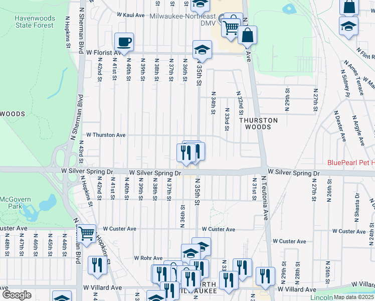 map of restaurants, bars, coffee shops, grocery stores, and more near 5654 North 36th Street in Milwaukee