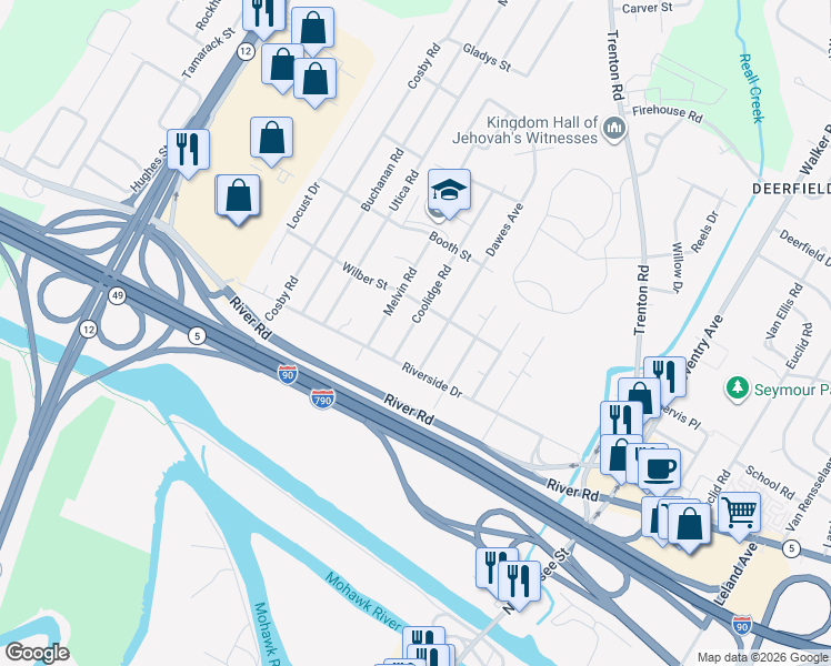 map of restaurants, bars, coffee shops, grocery stores, and more near 408 Coolidge Road in Utica