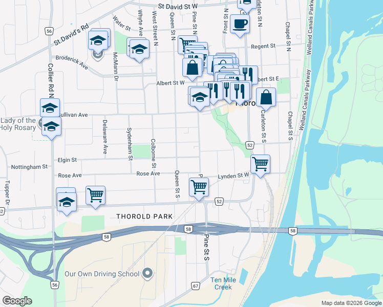 map of restaurants, bars, coffee shops, grocery stores, and more near 6 Elgin Street in Thorold