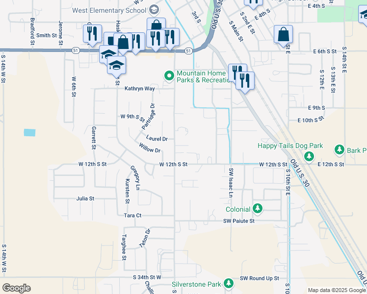 map of restaurants, bars, coffee shops, grocery stores, and more near 1140 South 5th West Street in Mountain Home