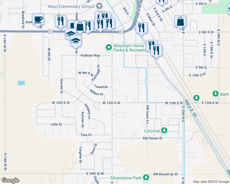 map of restaurants, bars, coffee shops, grocery stores, and more near 1140 South 5th West Street in Mountain Home