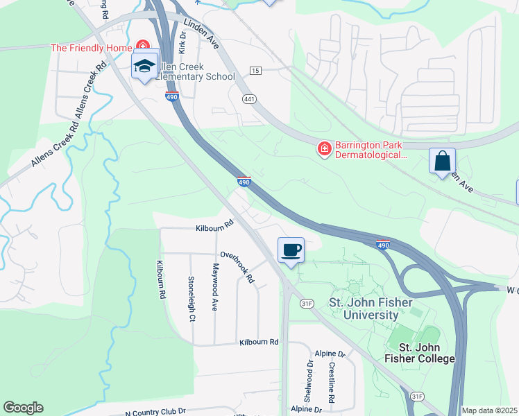 map of restaurants, bars, coffee shops, grocery stores, and more near 3550 East Avenue in Monroe County