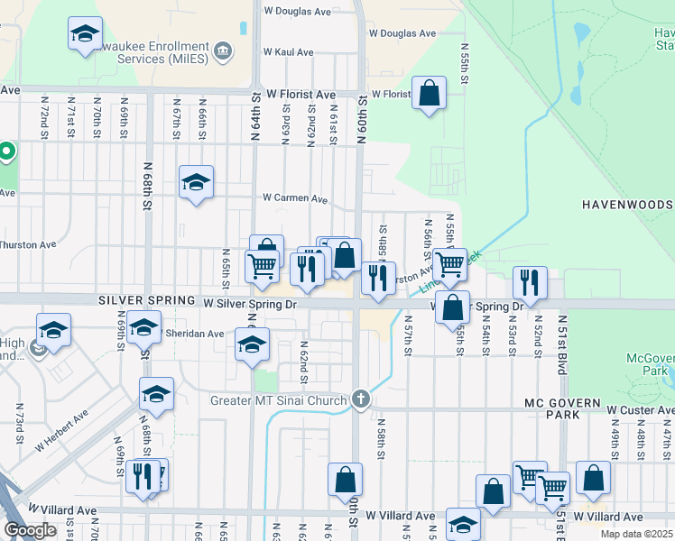 map of restaurants, bars, coffee shops, grocery stores, and more near 5640 North 61st Street in Milwaukee