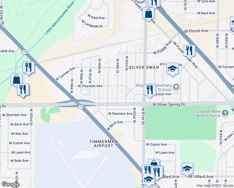 map of restaurants, bars, coffee shops, grocery stores, and more near 5646 North 94th Street in Milwaukee