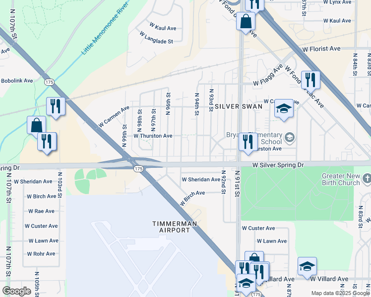 map of restaurants, bars, coffee shops, grocery stores, and more near 5624 North 95th Street in Milwaukee