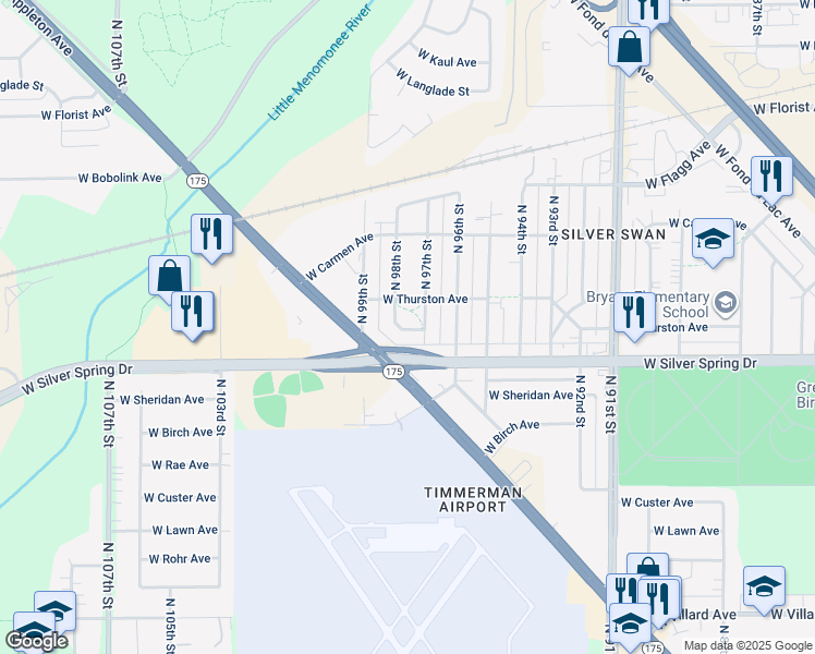 map of restaurants, bars, coffee shops, grocery stores, and more near 9709 West Reichert Place in Milwaukee