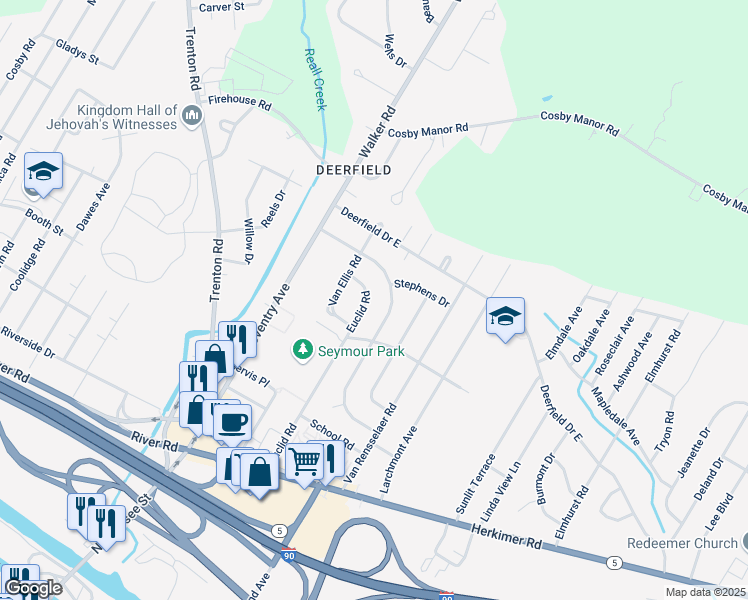 map of restaurants, bars, coffee shops, grocery stores, and more near 459 Euclid Road in Utica
