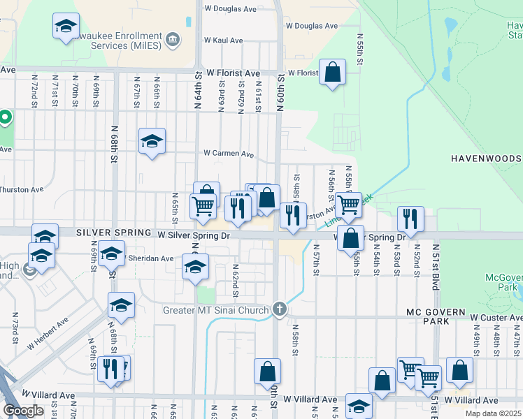 map of restaurants, bars, coffee shops, grocery stores, and more near 5640 North 61st Street in Milwaukee