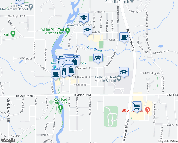 map of restaurants, bars, coffee shops, grocery stores, and more near 19 North Fremont Street in Rockford