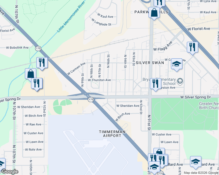 map of restaurants, bars, coffee shops, grocery stores, and more near 5646 North 96th Street in Milwaukee