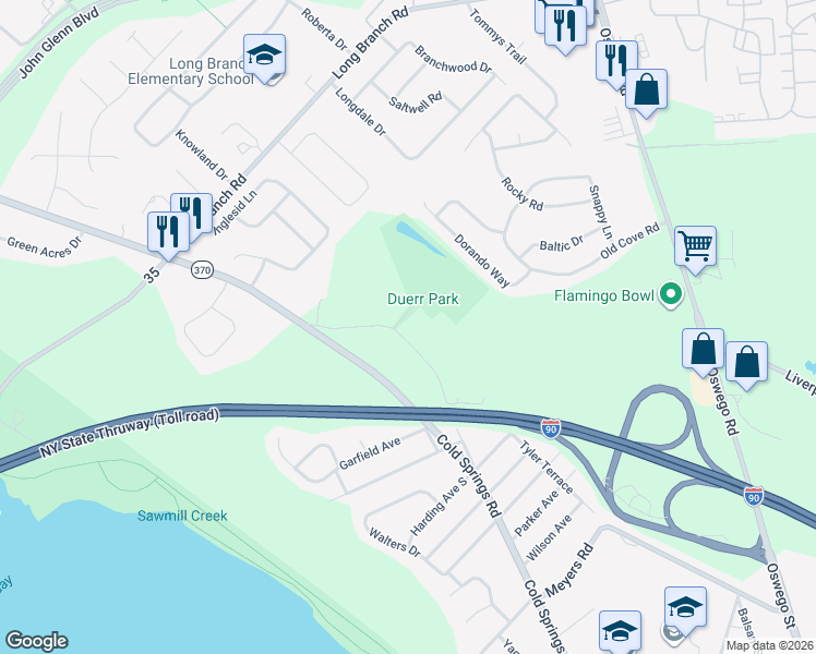 map of restaurants, bars, coffee shops, grocery stores, and more near 131 Duerr Road in Salina