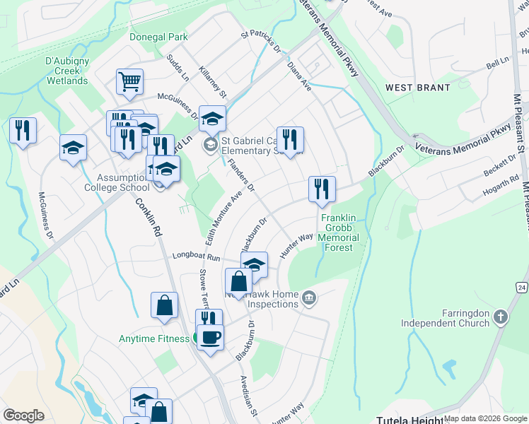 map of restaurants, bars, coffee shops, grocery stores, and more near 128 Blackburn Drive in Brantford