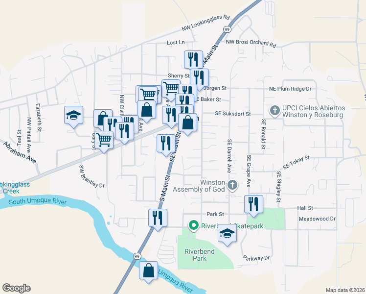 map of restaurants, bars, coffee shops, grocery stores, and more near 180 Southeast Main Street in Winston